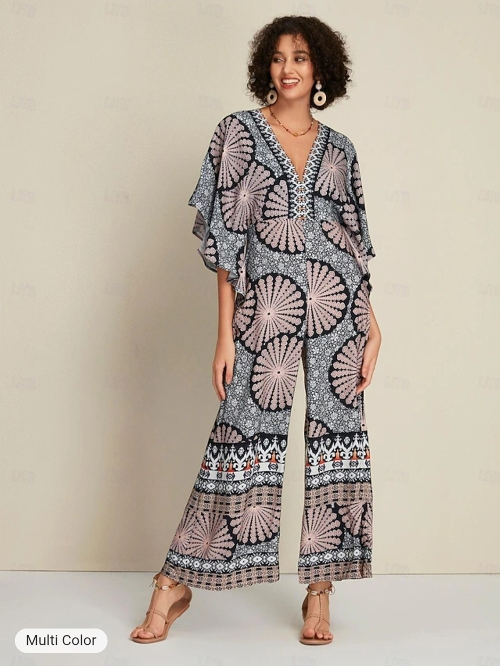 Women's Navy and Pale Pink Boho V-Neck Jumpsuit - Picture 2 of 4